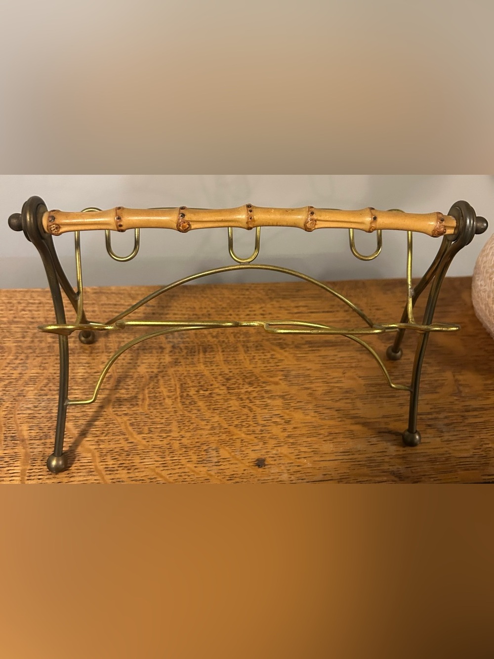 Vintage Brass Tone Bamboo Newspaper Rack Letter Holder MCM Tabletop Organizer